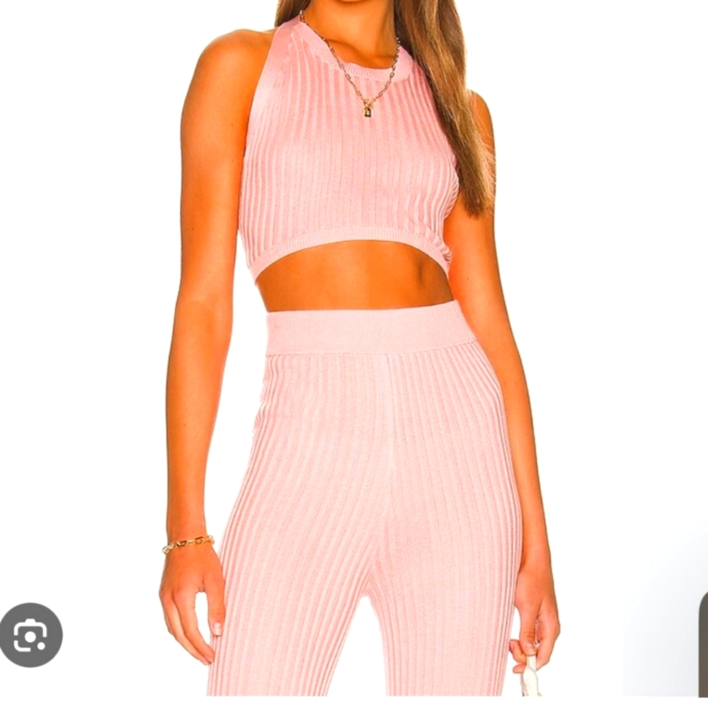 NWT SET Callahan x Revolve Boho Wide Leg Knit Pant & Halter Top Gossimer Pink L